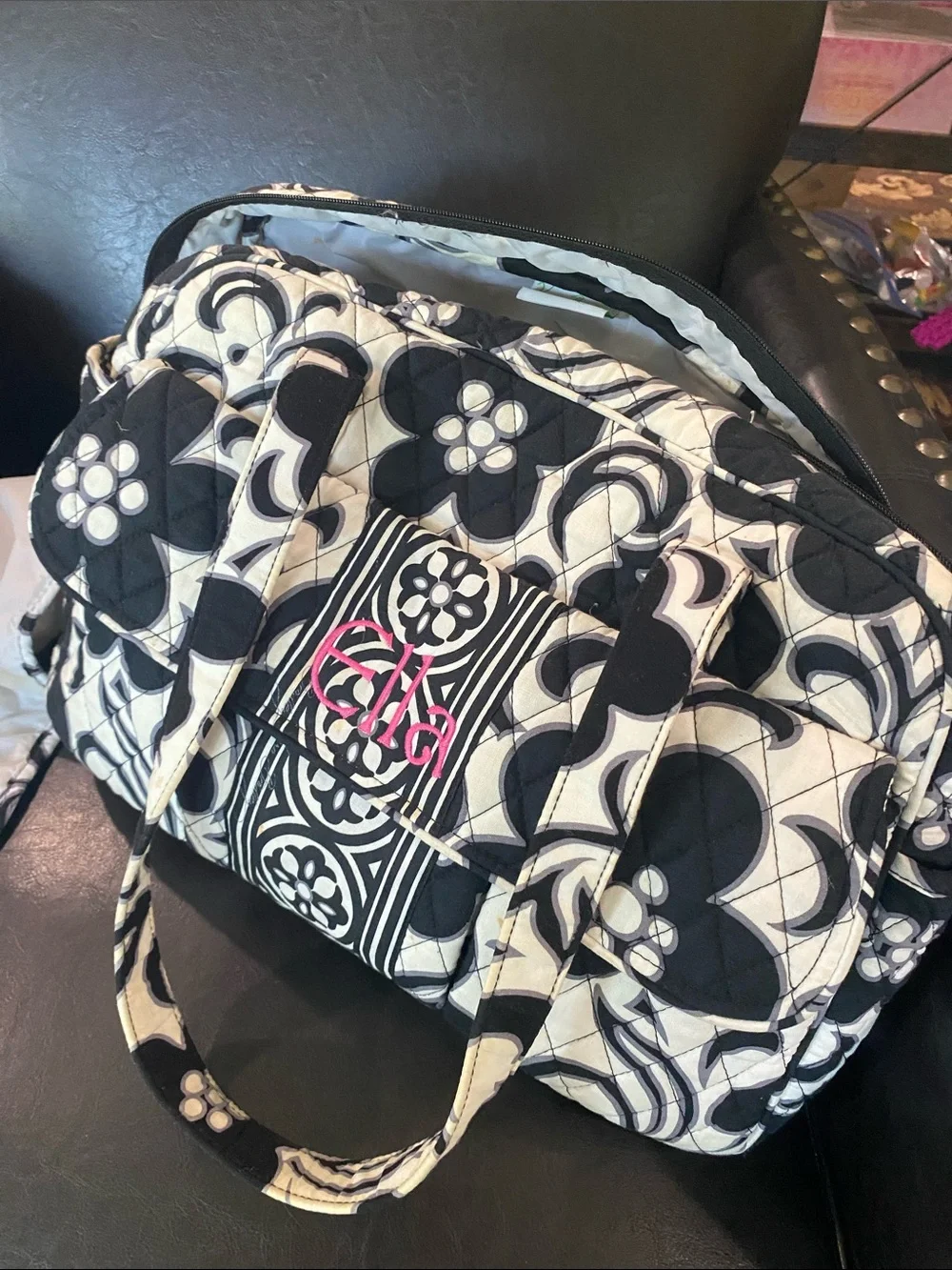 Vera Bradley Black & White Quilted Floral Tote with Pink Monogram